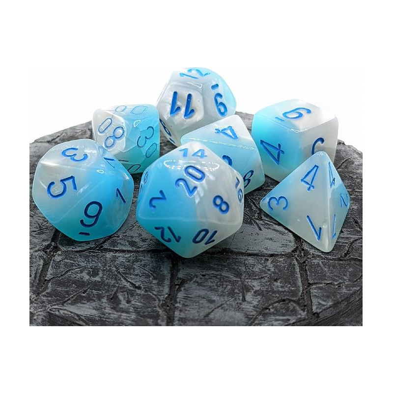 SET DE 7 DADOS GEMINI PERLA TURQUESA-BLANCO C/AZUL LUMINOSO